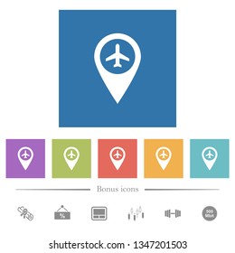 Airport GPS map location flat white icons in square backgrounds. 6 bonus icons included.