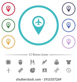 Airport GPS map location flat color icons in circle shape outlines. 12 bonus icons included.