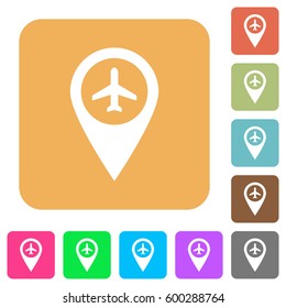 Airport GPS map location flat icons on rounded square vivid color backgrounds.