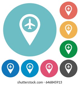 Airport GPS map location flat white icons on round color backgrounds