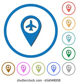 Airport GPS map location flat color vector icons with shadows in round outlines on white background