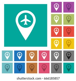 Airport GPS map location multi colored flat icons on plain square backgrounds. Included white and darker icon variations for hover or active effects.