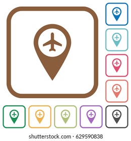 Airport GPS map location simple icons in color rounded square frames on white background