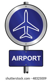 Airport graphic and text information sign mounted on post