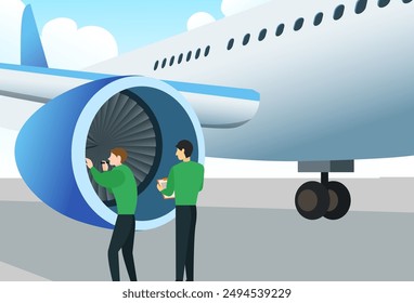 airport ground crew doing pre-flight checklist before taking off vector illustration, Aircraft Engineer Technician doing Maintenance and Repair Services with airplane, industry and transportation