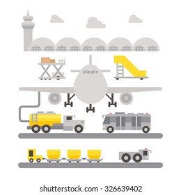 Airport ground support machinery flat design illustration vector