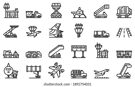 Airport ground support service icons set. Outline set of airport ground support service vector icons for web design isolated on white background