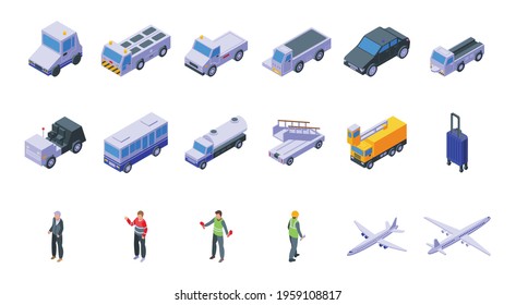 Airport ground support service icons set. Isometric set of airport ground support service vector icons for web design isolated on white background