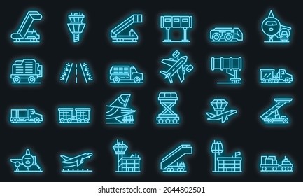 Airport ground support service icons set. Outline set of airport ground support service vector icons neon color on black