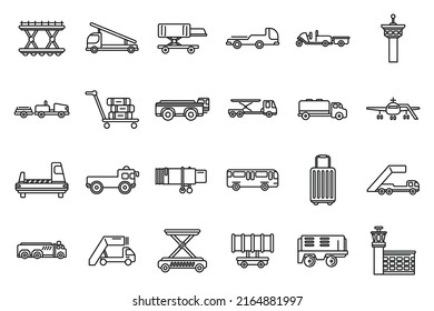 Airport ground support service icons set outline vector. Cargo aero. Tail airplane