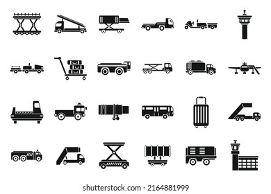 Flughafenbodenunterstützung-Symbole setzen einfache Vektorgrafiken. Frachtflugzeug. Schleppflugzeug