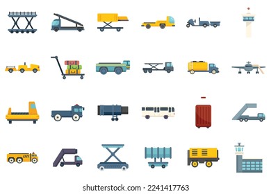 Iconos del servicio de soporte en tierra del aeropuerto establecen un vector plano. Cargo aero. Aeronave de cola aislada