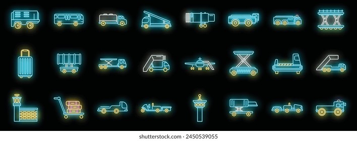 Airport ground support service icons set outline vector. Cargo aero. Tail airplane neon color on black