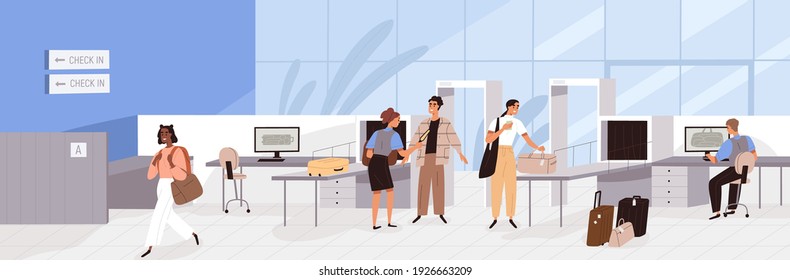 Airport guards checking and controlling people and baggage with security x-ray scanners. Border officers scanning tourists and inspecting luggage at terminal. Colored flat cartoon vector illustration