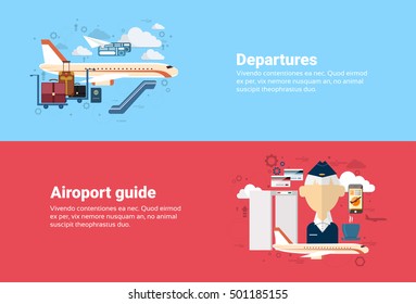 Airport Guide Departure Airplane Transportation Air Tourism Web Banner Flat Vector Illustration