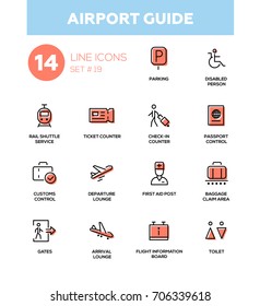 Airport guide - modern vector icons, pictograms set. Parking, lobby, ticket, check-in, passport, customs, departure, arrival lounge, flight info board, baggage claim area, gate, toilet, first aid post
