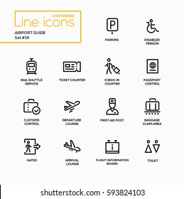 Airport Guide - Modern Vector Single Line Icons Set. Parking, Disabled Person, Rail Shuttle Service, Ticket Counter, Check-in, Passport Control, Customs, Departure Lounge, First Aid.