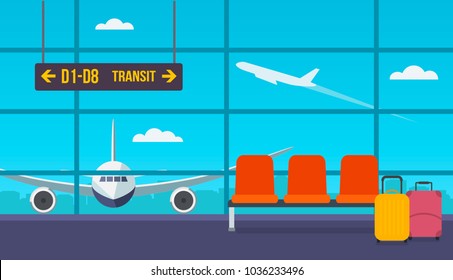 Airport hall with chairs. Kind of runway. Take off the plane outside the window. flat vector illustration