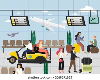 Airport Hall Interior With Passengers Waiting For Flight, Moving By Electric Car. Transit People Buggy Services, Vector.