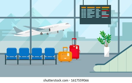 Airport hall or waiting room with departures or arrivals board, chairs, suitcases and big window view. Vector illustration.