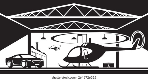Airport hangar with private helicopter and sport car – vector illustration