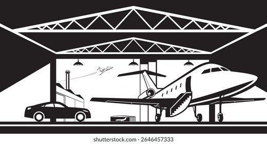 Airport hangar with private jet  and luxury car – vector illustration