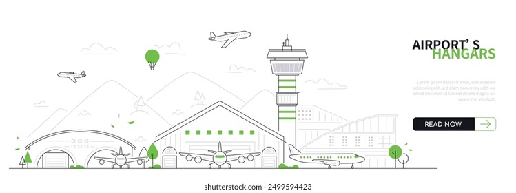 Hangares de aeropuerto - Anuncio de Vector de estilo de diseño de línea delgada moderna sobre fondo urbano blanco. Composición con garajes para el transporte aéreo fuera de los límites de la ciudad. Pista, montañas, idea de salida