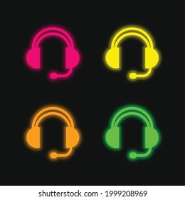 Airport Headphones four color glowing neon vector icon