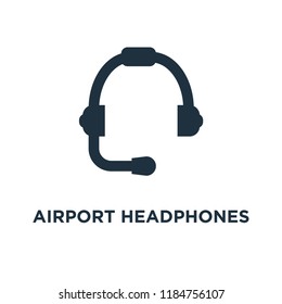 Airport Headphones icon. Black filled vector illustration. Airport Headphones symbol on white background. Can be used in web and mobile.