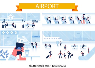 	
Airport horizontal background.  People sitting and walking in airport terminal. Flat vector illustration.