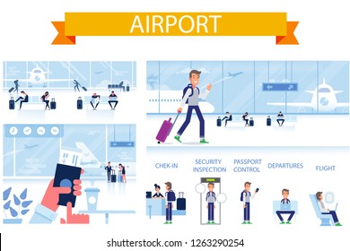 	
Airport horizontal background.  People sitting and walking in airport terminal. Flat vector illustration.