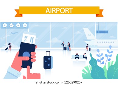 	
Airport horizontal background.  People sitting and walking in airport terminal. Flat vector illustration.