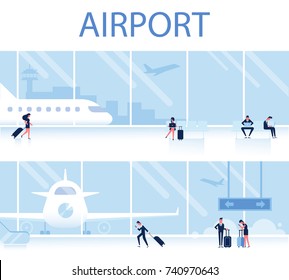 Airport Horizontal Banner. Waiting Room with people.Travel Concept, infographics elements. Flat Vector Illustration.