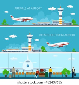 Airport Horizontal Banners, Arrivals at Airport and Departures, a Waiting Room with People, Travel Concept, Flat Design,  Vector Illustration