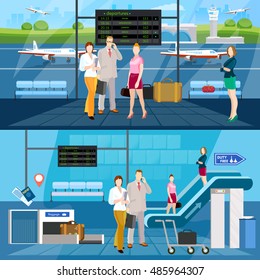 Airport horizontal banners Airport interior international airlines people in waiting room airport. Travel Concept 