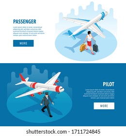 Airport horizontal banners with pilot passenger suitcase airplane isometric icons vector illustration