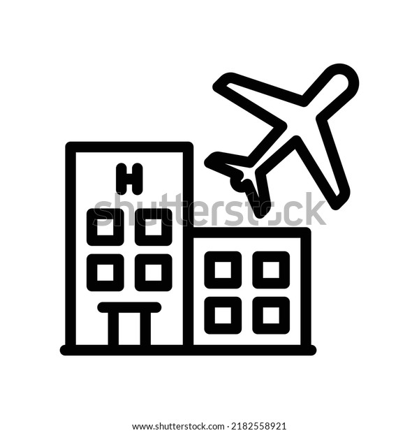 Airport hotel\
with airplane in black outline\
style