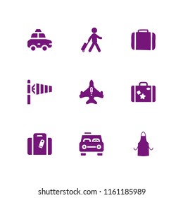 airport icon. 9 airport set with handbag in black with a label, windsock, apron silhouette and suitcase vector icons for web and mobile app