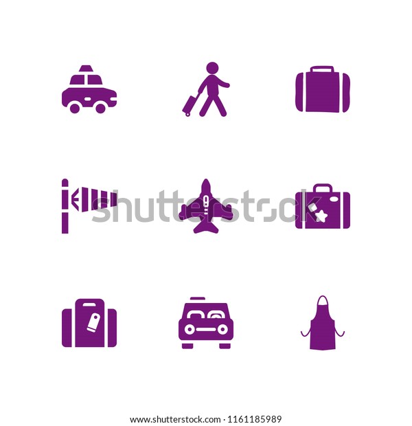 airport icon. 9 airport set with handbag in black\
with a label, windsock, apron silhouette and suitcase vector icons\
for web and mobile app