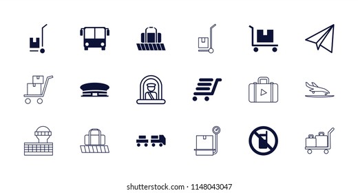 Airport icon. collection of 18 airport filled and outline icons such as no phone, luggage cart, paper airplane, luggage belt. editable airport icons for web and mobile.