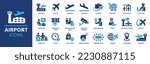 Airport icon collection. Containing plane, boarding pass, traveler, duty free, information desk, customs, detector, immigration and pilot icons. Airport icon element solid design.