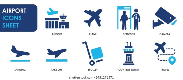 Colección de iconos del aeropuerto. Conteniendo avión, torre de control, aterrizaje, despegue, cámara de seguridad, etc. Conjunto de iconos de aeropuerto plano.