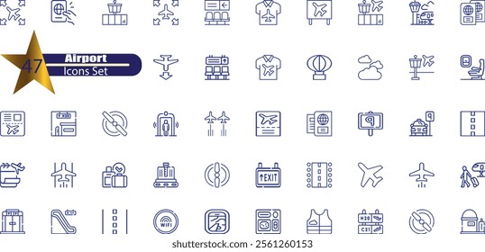 Airport icon collection. Containing plane, boarding pass, traveler, duty free, information desk,