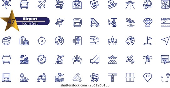 Airport icon collection. Containing plane, boarding pass, traveler, duty free, information desk,