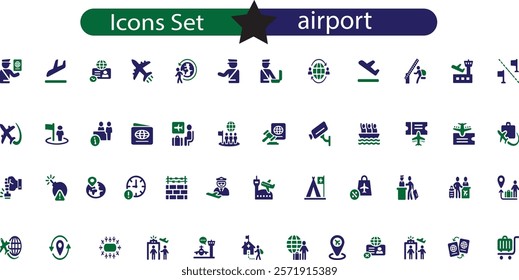 Airport icon collection. Containing plane, boarding pass, traveler, duty free, information desk, customs,