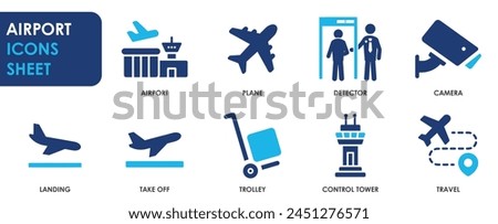 Airport icon collection. Containing plane, control tower, landing, take off, security camera and so on. Flat airport icons set.