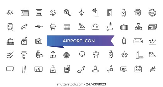 Airport icon collection. Related to plane, boarding pass, traveler, duty free, information desk, customs, detector, immigration and pilot icons.