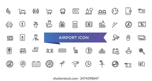 Colección de iconos del aeropuerto. Relacionado con el avión, tarjeta de embarque, viajero, libre de impuestos, mostrador de información, aduanas, detector, inmigración e iconos de piloto.