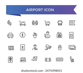 Airport icon collection. Related to plane, boarding pass, traveler, duty free, information desk, customs, detector, immigration and pilot icons.