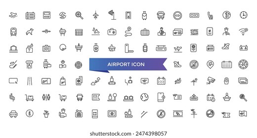 Colección de iconos del aeropuerto. Relacionado con el avión, tarjeta de embarque, viajero, libre de impuestos, mostrador de información, aduanas, detector, inmigración e iconos de piloto.